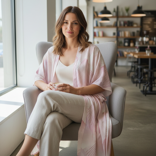 Lång ljusrosa mönstrad kimono