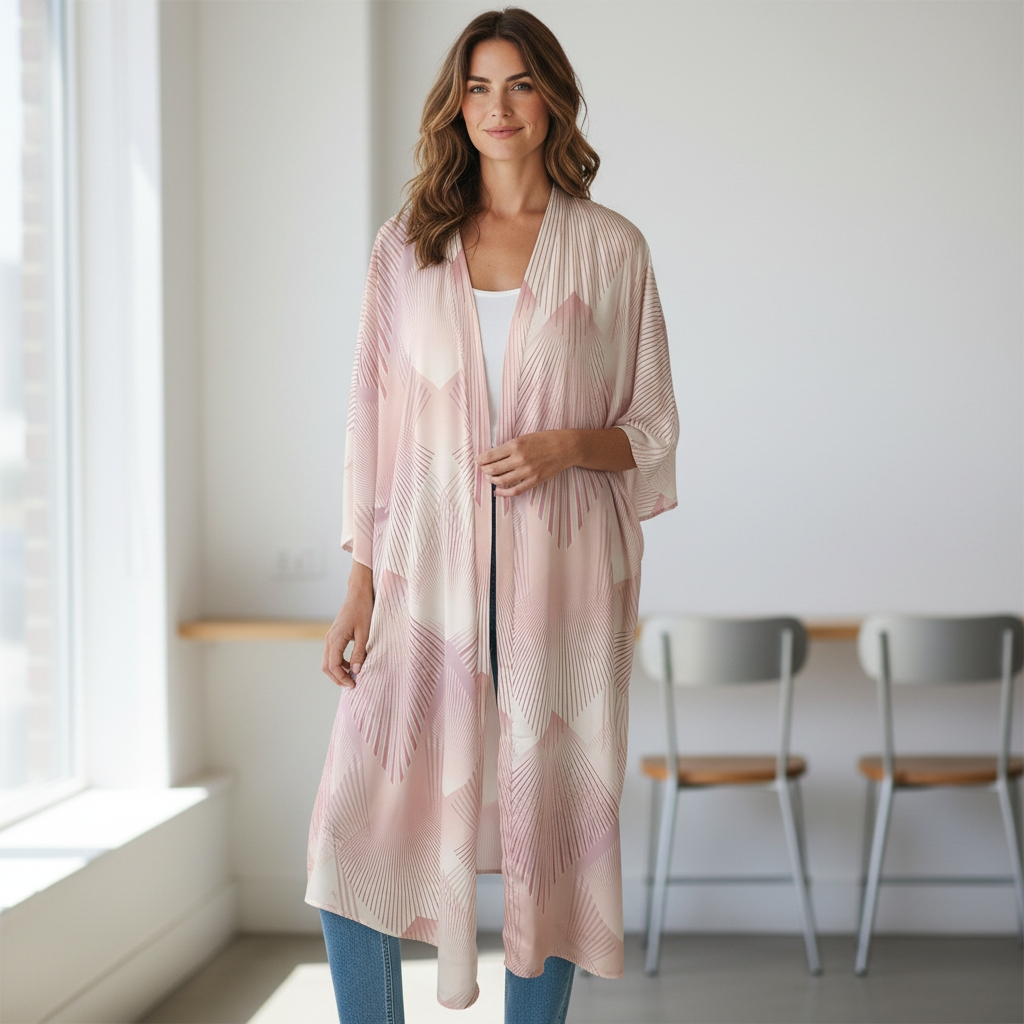 Lång ljusrosa mönstrad kimono