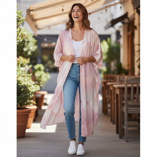 Lång ljusrosa mönstrad kimono